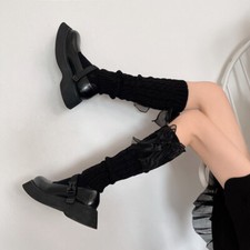 Women Warm Leg Warmers Tulle Bowknot Cable Knit Knitted Legging Stocking Socks