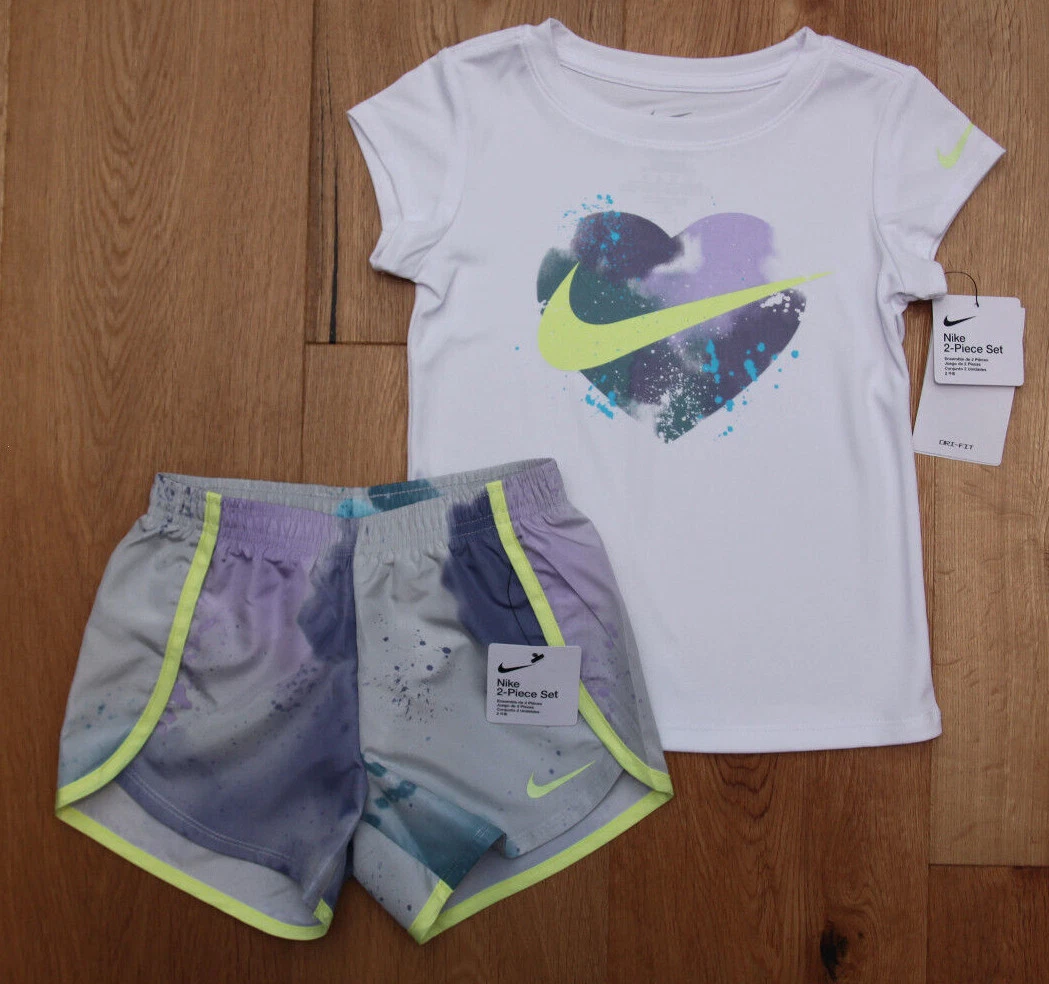 Nike Girl 2 Piece Top & Shorts Set~White, Gray, Lavender & Volt ~ Heart~ DRI-FIT