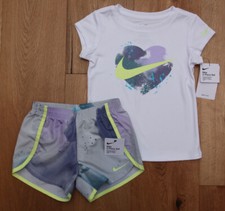 Nike Girl 2 Piece Top  Shorts Set White, Gray, Lavender  Volt  Heart DRI-FIT