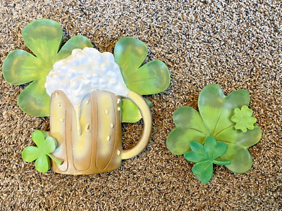 St Patrick's Day Beer Mug Wall Hanging 3D Shamrock Decor Ceramic Clover Set