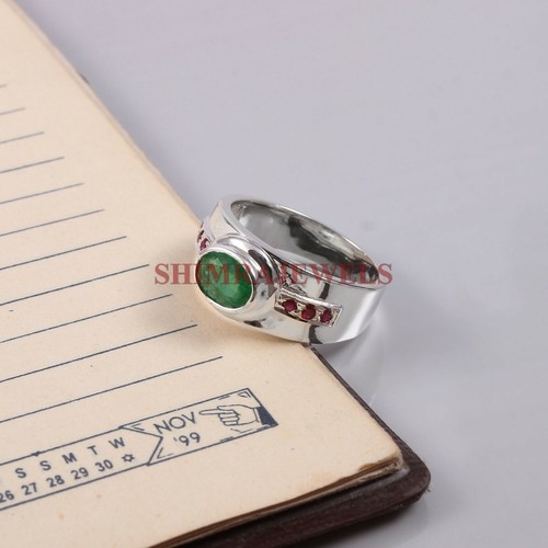 Natural Green Onyx & Ruby Gemstone with 925 Sterling Silver Ring for Men's #843 - Picture 3 of 4
