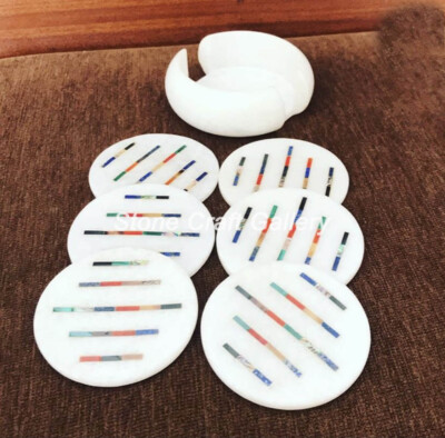 Weißer Marmor Untersetzer Set Semi Precious Steine Inlay Kunst Arbeit