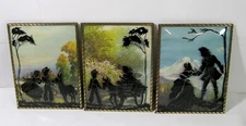 Vintage Lot of 3 Victorian Reverse Painted Convex Glass Framed Silhouettes
