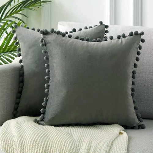 Velvet Cushion Cover Pom Pom Ball Fringe Soft Home Decor Sofa Throw Pillow Case - Picture 15 of 29