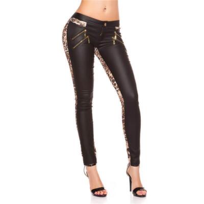 Sexy Röhrenhose in Leder-Look Mix Schwarz-Leopard #H865