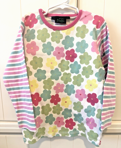 Mini Boden Girls Pink & Green Flower/Stripe 3/4 Sleeve print Top Sz 9-10