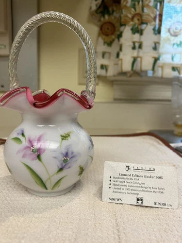 Fenton Hand Painted Peach Crest Mothers Day Basket. Limited Edition.