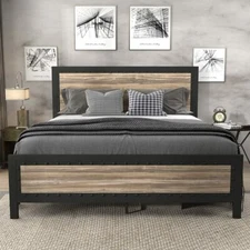 Heavy Duty Metal Bed Frame Queen Size / Wooden Headboard Footboard with Rivet