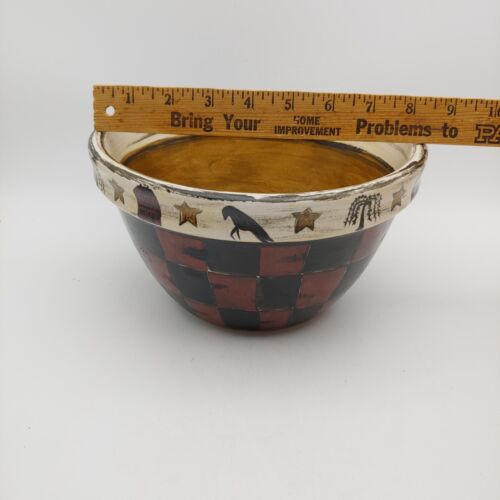 Handmade Signed Pottery Serving Mixing Bowl - 2qt Primitive Farmhouse Checkered - Picture 3 of 8