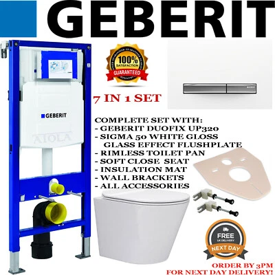 Geberit Duofix wall hung toilet frame rimless pan, seat, flushplate FULL SET.