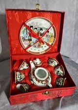 Vintage Porcelain Miniature Chinese 9 Piece Tea Set in Brocade Box