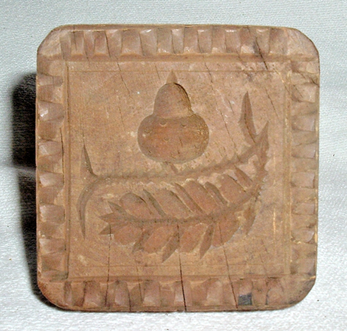Primitive 19th Century Hand Carved Wooden MAPLE BUTTER PRESS *ACORN & FERN LEAF - Picture 1 of 4