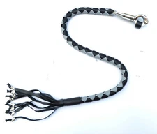 PU Leather Motorcycle Whip Get Back whip with Skull Tassles 36" GRAY / BLACK