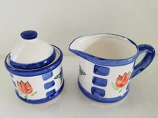 Creamer & Lidded Sugar Bowl Set  Ceramic Hand Painted Floral Design 4"
