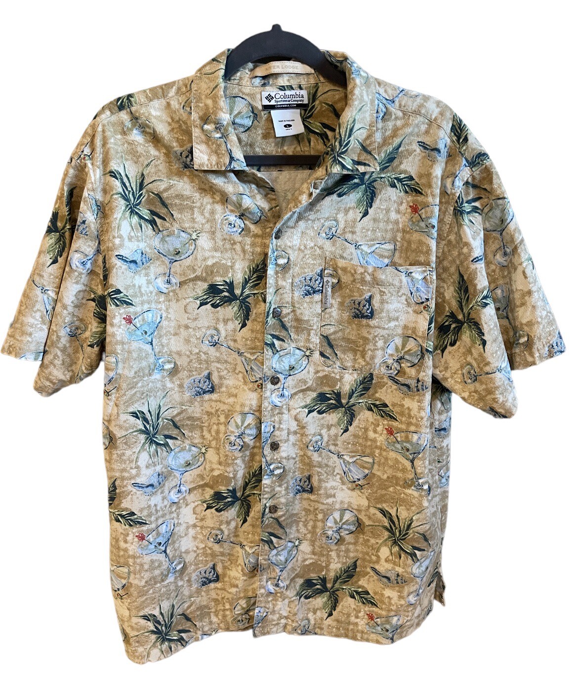 Columbia Men's Shirt M River Lodge Beige Hawaiian Shell Martini Pocket Large