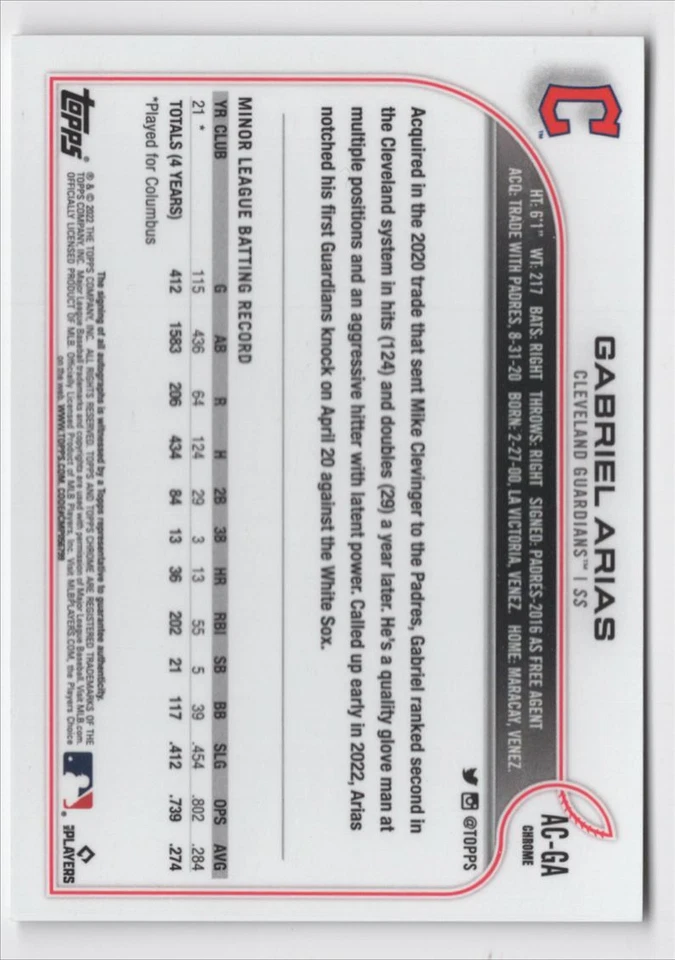 2022 Topps Chrome Update Auto Gabriel Arias Cleveland Guardians #AC-GA - Image 2 of 2
