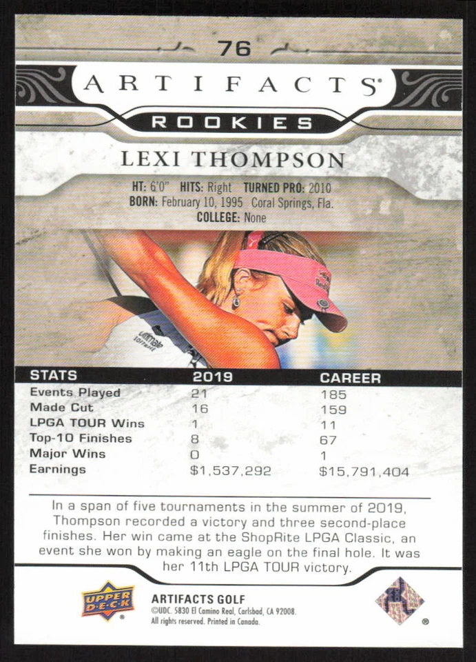 2021 Upper Deck Artifacts Golf Rookie Black #76 Lexi Thompson /99 - Image 2 of 2