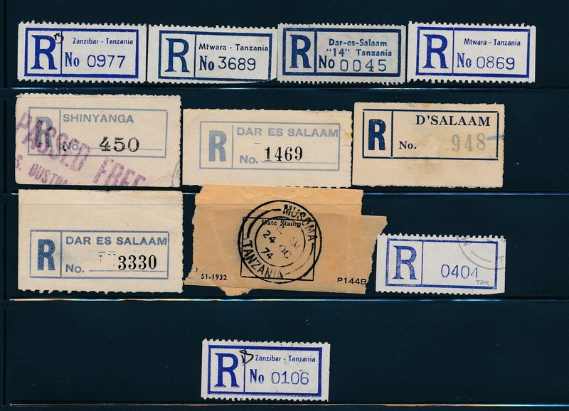 Tanganyika Tanzania Zanzibar Registration Labels Lot of 10 + 1974 Postal Form