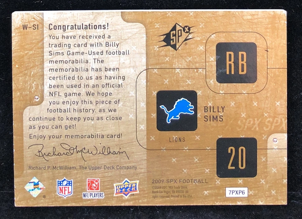 Billy Sims 2009 SPx Winning Materials Game Used Jersey Patch #15/99 Lions - Image 2 of 2
