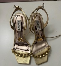 Badgley Mischka Women  s Gold Synthetic Strappy Square Toe Ankle Strap Heels 7