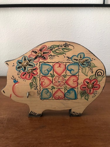 Vintage handpainted wooden pig decor cute country cottage rustic