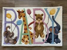 VTG Nursery Rug BABY Animals Whimsical High Pile Tuft Texture Sculpted Ivory