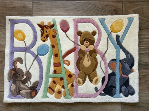 VTG Nursery Rug “BABY” Animals Whimsical High Pile Tuft Texture Sculpted Ivory