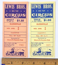 Glennville GA 1976 Lewis Bros Circus Adult and Child Tickets Wednesday April 3