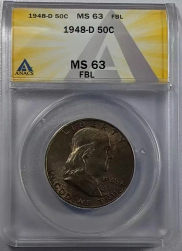 1948 D Half Dollars Franklin ANACS MS-63 FBL TONED