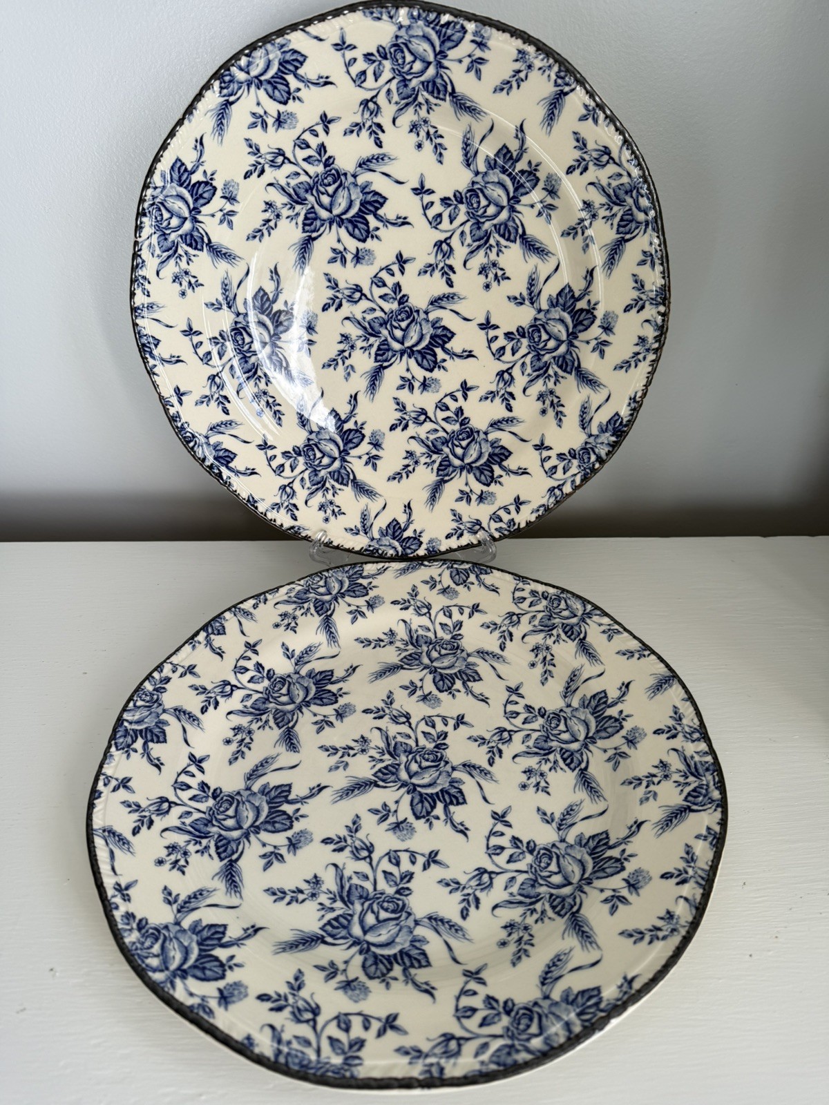Vtg Wood & Sons Colonial Rose Blue Floral Dinner Plates Set Of 2