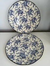 Vtg Wood & Sons Colonial Rose Blue Floral Dinner Plates Set Of 2