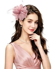 Z X Sinamay Pillbox Hats for Women B- Nude Pink Feather Flower Fascinator