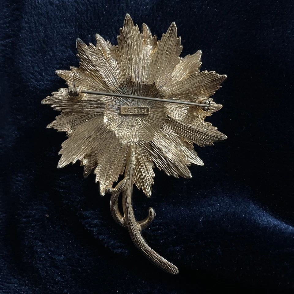 "Broche de perlas Erwin vintage pavé dorado estrás flor grande mediados de siglo 3""" Foto 2 de 4