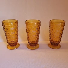 Set Of 3 Indiana Glass Amber Whitehall Cubist Footed Ice Tea Glasses Vintage MCM