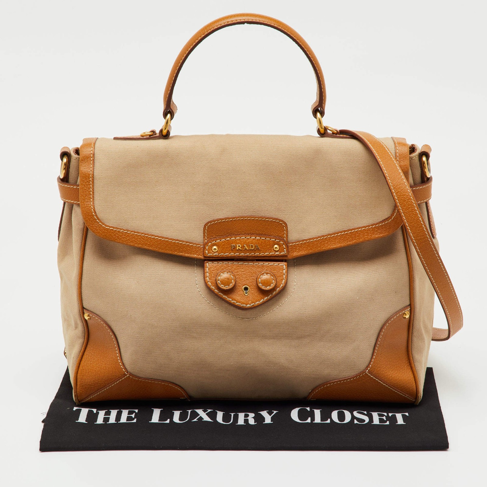 Prada BeigeTan Canvas and Cinghiale Leather Top Handle Bag thumbnail 15