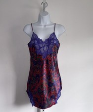 VTG 90s Victoria's Secret Gold Label Chemise Red Purple Paisley Satin Lace Slip