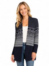 Talbots Sweater Size Large Open Front Navy Blue White Print Soft Knit Classic