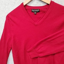 EXPRESS Women Sz Medium Italian Merino Wool Red 100 Wool Vneck Sweater Soft EUC