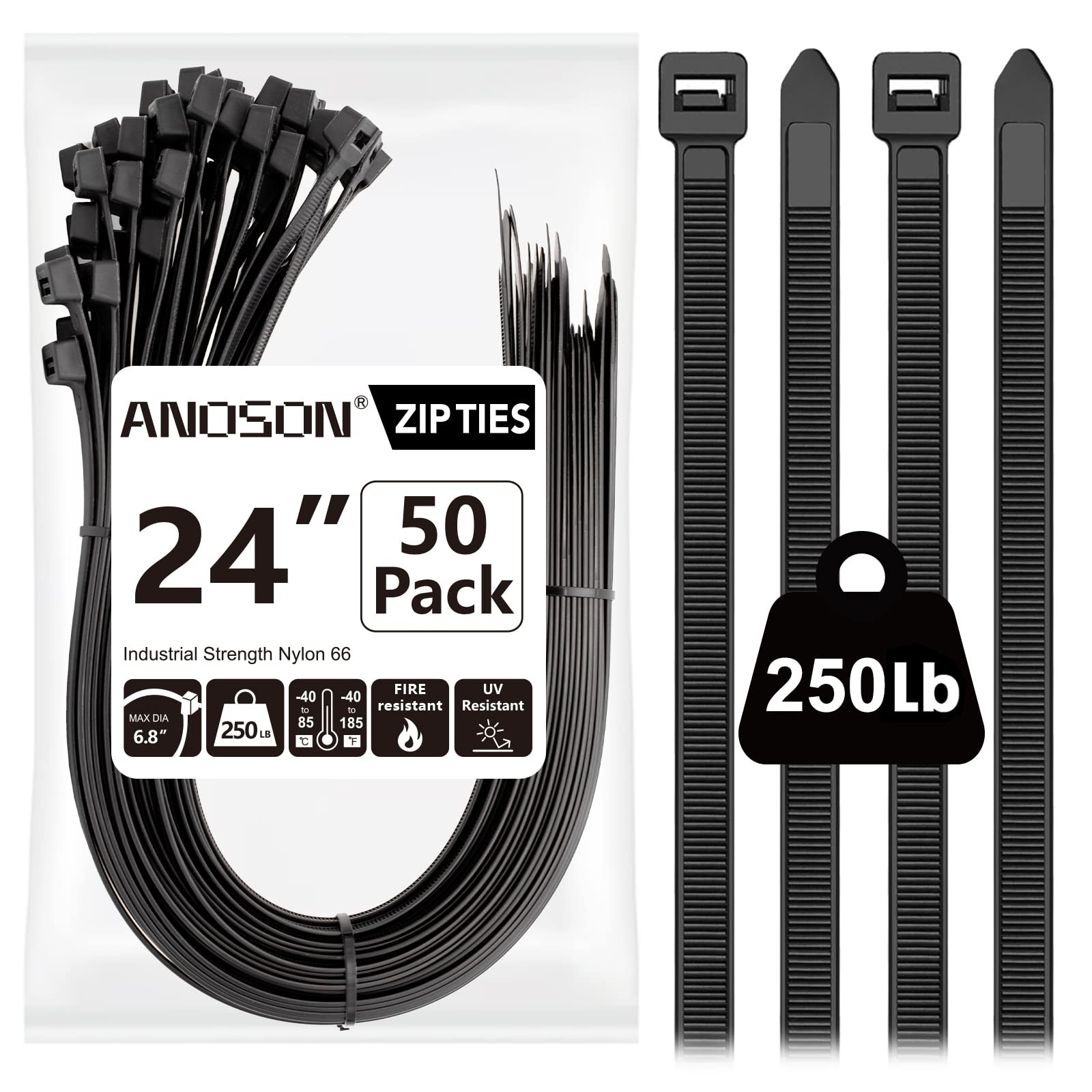 24-Inch Heavy Duty Outdoor Zip Ties - 50 Pack, 250 lb Strength