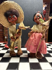 Vintage Mexican Folk Art Doll Oil Cloth - Hand Painted Face Souvenir