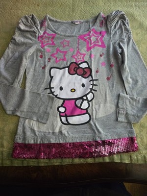 Hello Kitty Girls Gray Pink Star Sequin Long Sleeve T-Shirt Size 14