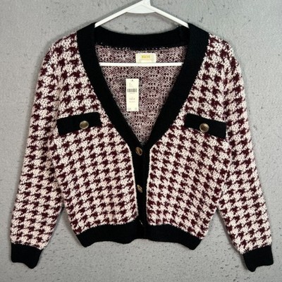Maeve Houndstooth Knit Cardigan Sweater Burgundy White Black XXS Petite NEW!