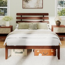 Bed Frame Solid Wood Platform Bed w/Retro Headboard-Walnut King Size