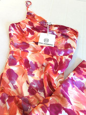 New One Shoulder Midi Dress 6 ALYSSIA Ruched Satin Pink Floral Wedding Guest Chc