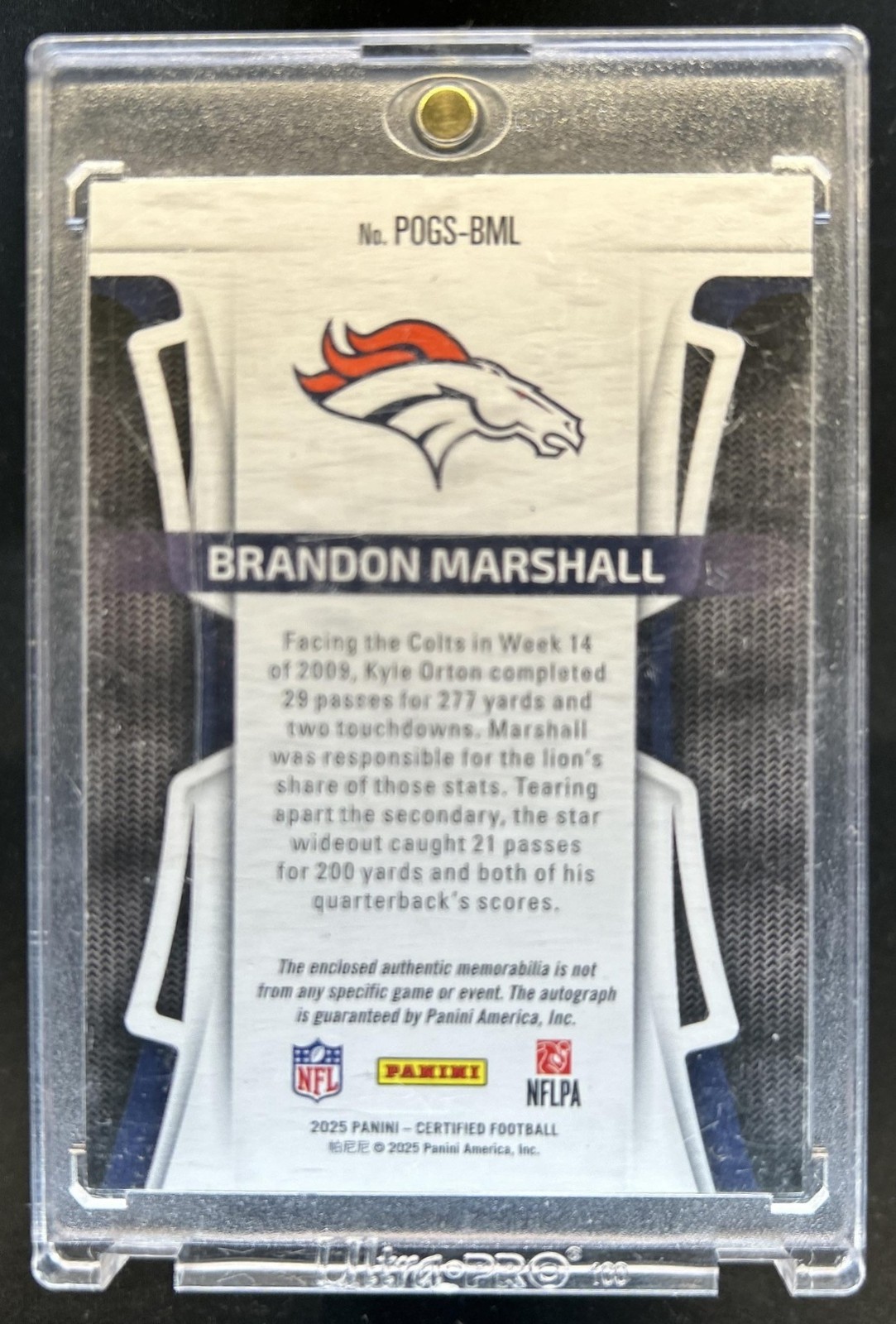 2025 Certified Brandon Marshall Piece of the Game Patch Lime Green Auto #/15 view 2