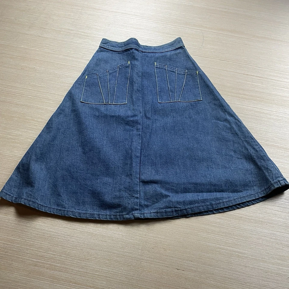 Falda vaquera vintage años 70 niños garra cremallera occidental 22 pulgadas cintura línea A midi Foto 2 de 4