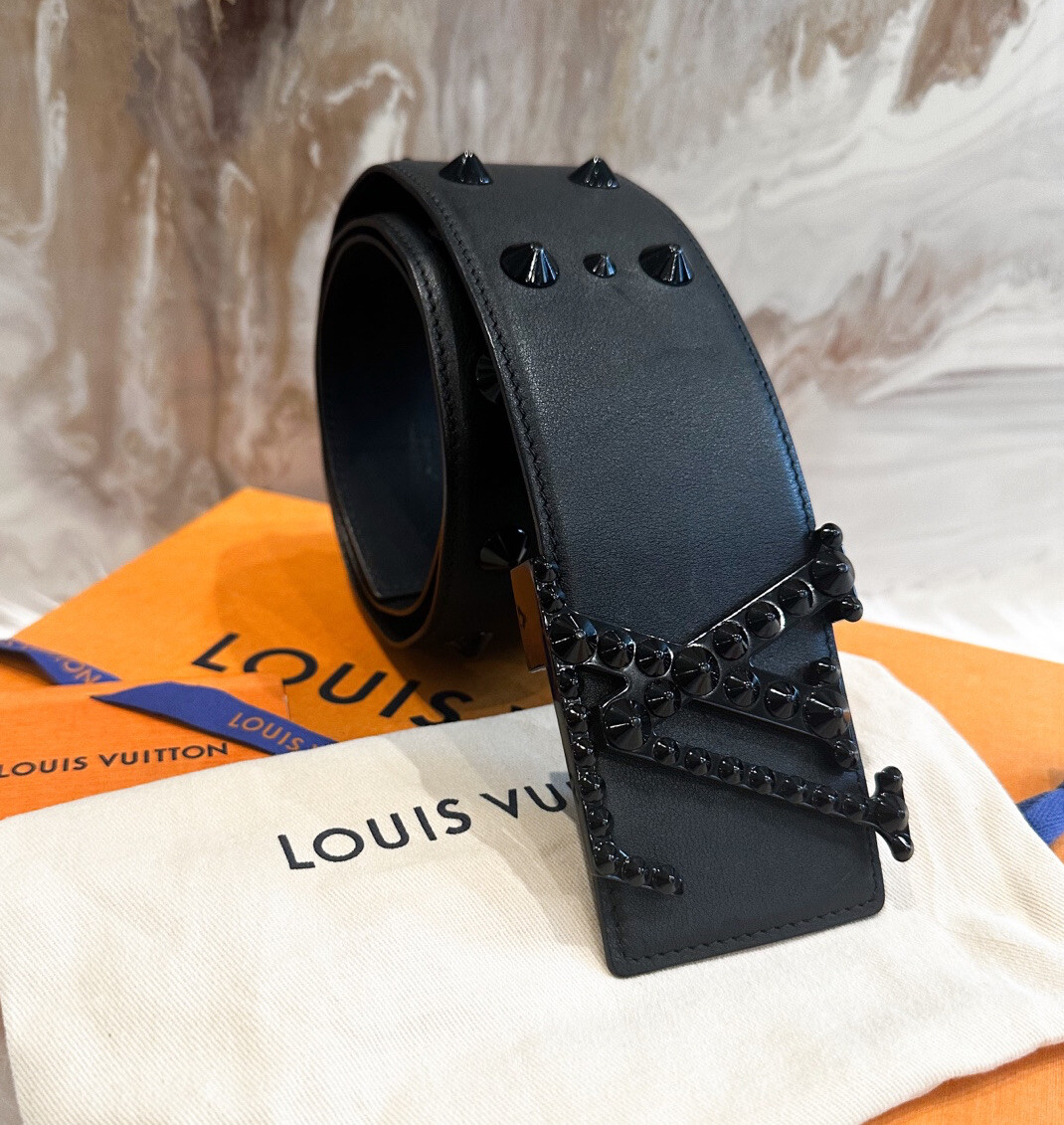 Rare Louis Vuitton Black On Black Studded Thick Clous Initiales KV Belt 85/34 image 9