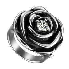 Women Retro Stainless Steel Full Bloom Rose Flower Ring Wedding Engagement Band