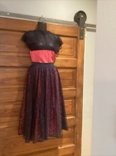 VTG 50s Tea Party Dress Prom Pink  Navy Lace Side Zip Fit/Flare Taffeta M