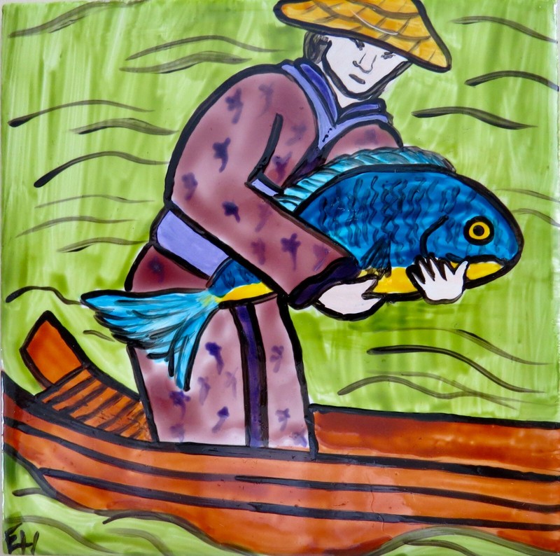Japanese Fisherman Fish Boat Kimono Ocean Original Tile Art Painting Ericajaye